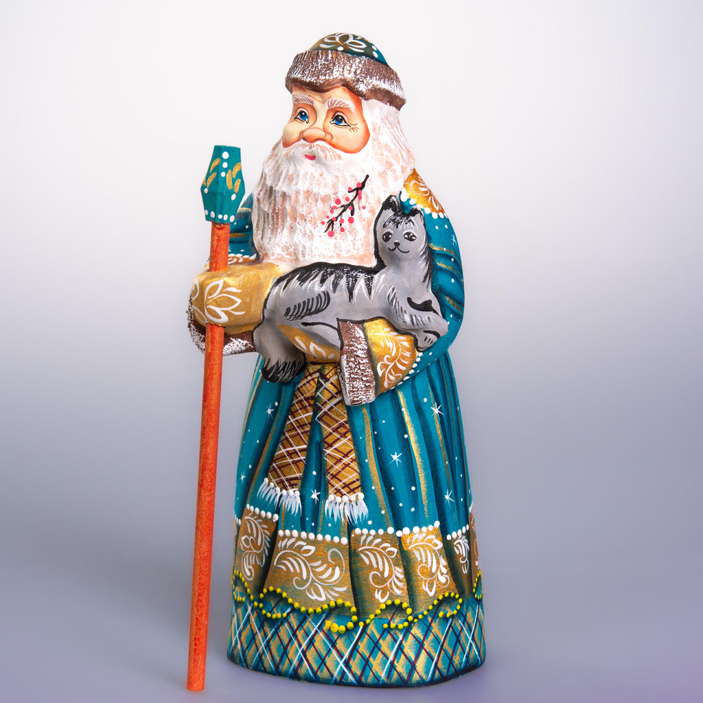 Hand carved Santa wooden figurine 9 inch, cat lover gift, mantel decor