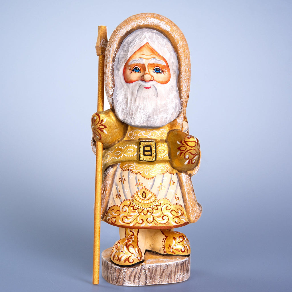 Russian Santa wooden figurine 11 inch, ivory coat, hand painted folk art collectible