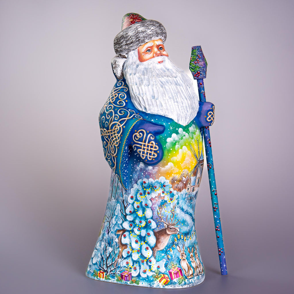 Old World Santa figurine 13 inch, carved wood, blue coat, woodland deer and rabbits