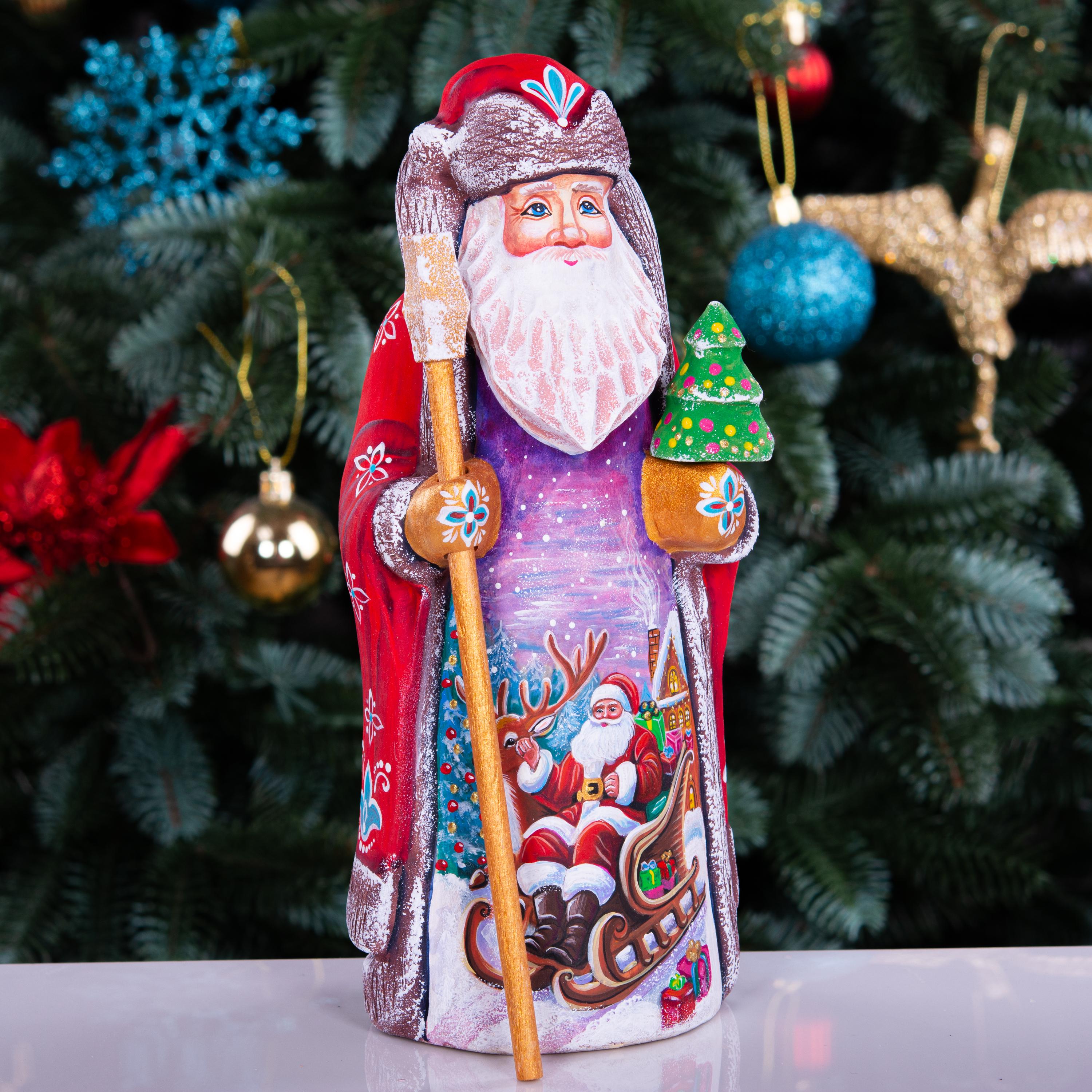 Kris Kringle wooden figurine 9 inch, Santa in sleigh scene