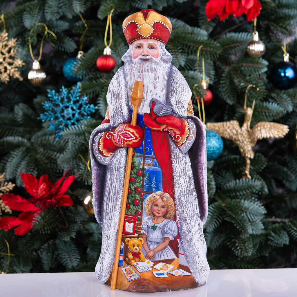 St Nicholas Figurine 13 inch, Hand Carved Wood, Miter Hat, Child Letter Scene