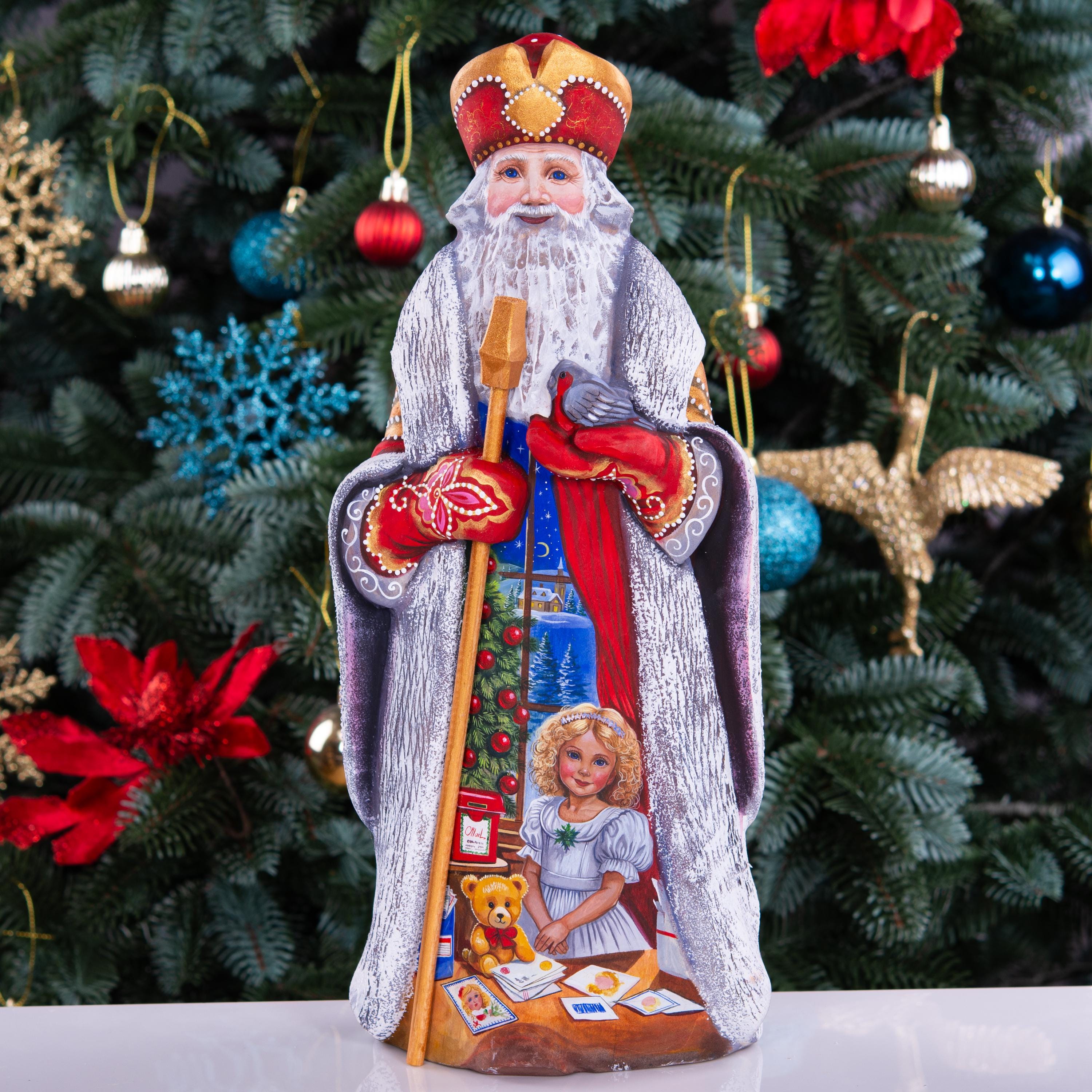 St Nicholas Figurine 13 inch, Hand Carved Wood, Miter Hat, Child Letter Scene