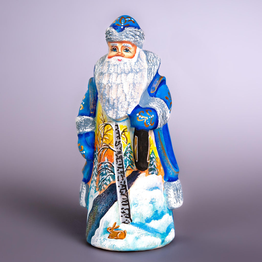 Blue Santa Figurine 7", Hand Painted Wood, Winter Landscape