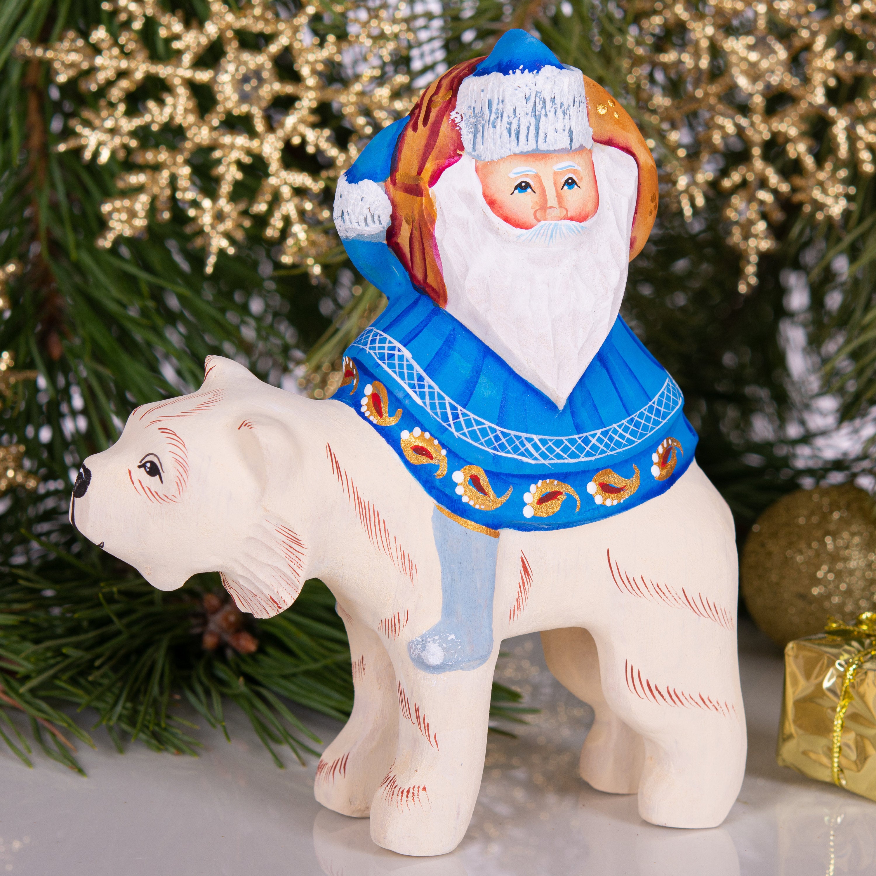 Old World Santa figurine riding polar bear, hand painted 6 inch