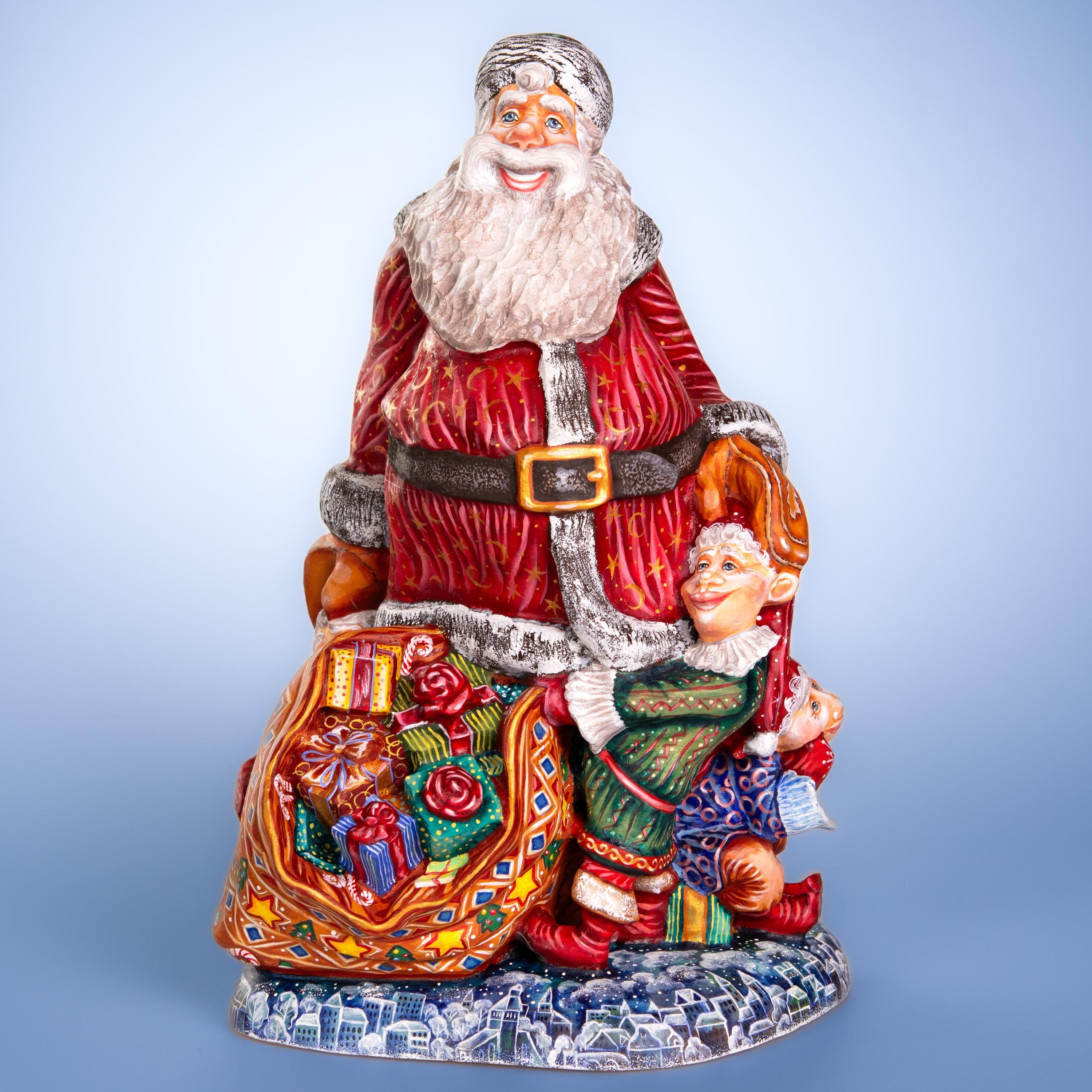 Hand carved wooden Santa figurine 14 inch, elves, mantel decor