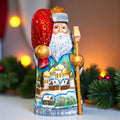 Hand Carved Santa Figurine 8 inch: Snowy Village, Golden Church - Signed Collectible