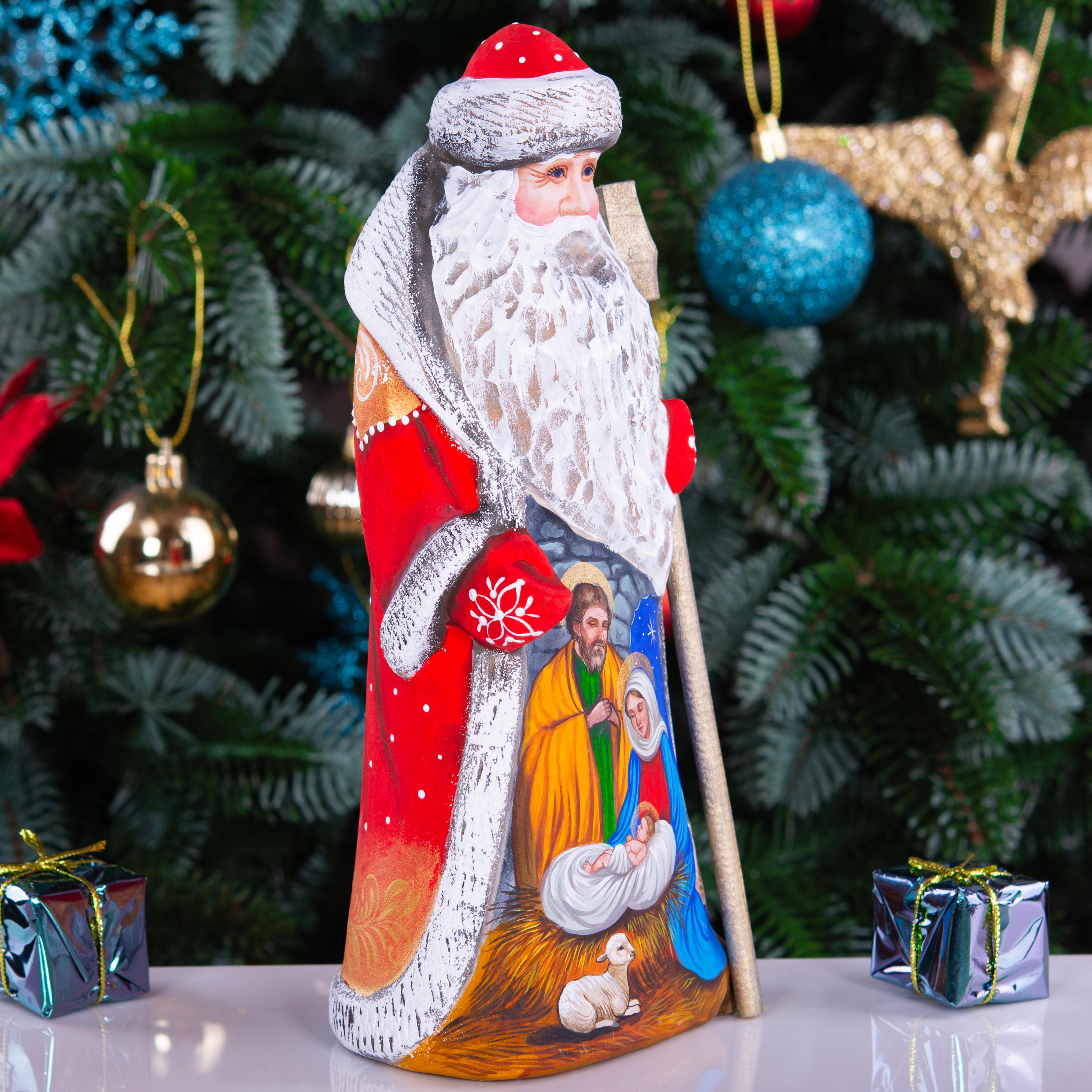 Father Christmas Figurine 9", Nativity Scene, Hand Carved Wood
