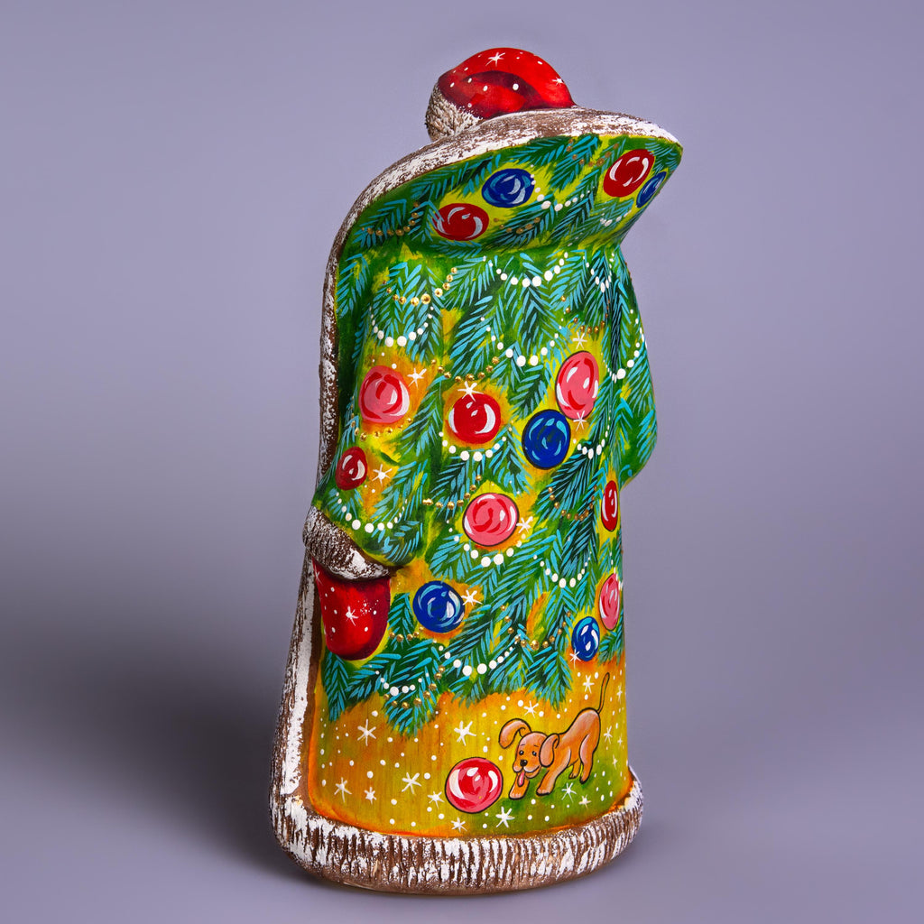 Hand carved Santa wooden figurine 9.4 inch, Christmas dog scene