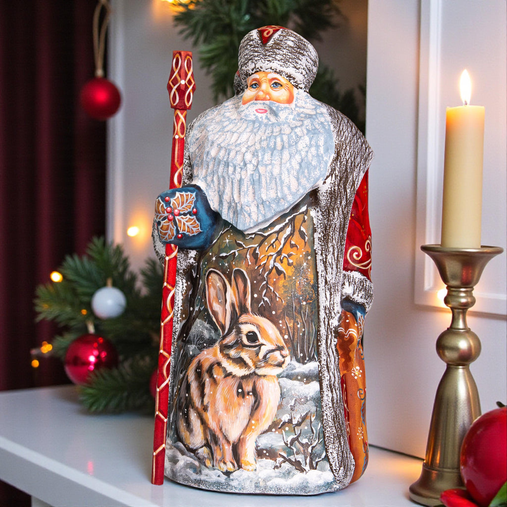 Hand carved Old-World Santa wooden figurine 9.5 inch, winter rabbit scene, mantel decor
