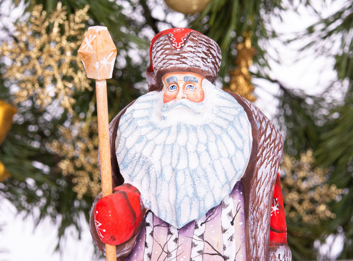 Hand Carved Wood Santa Figurine 9 inch: Child, Dog, Winter Scene