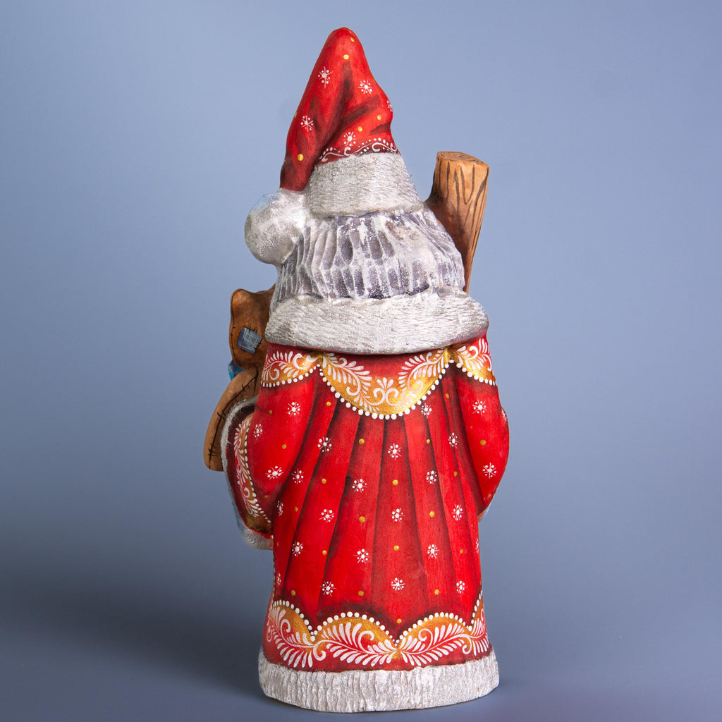 Hand carved wooden Santa figurine 10 inch, teddy bear gift, holiday mantel display