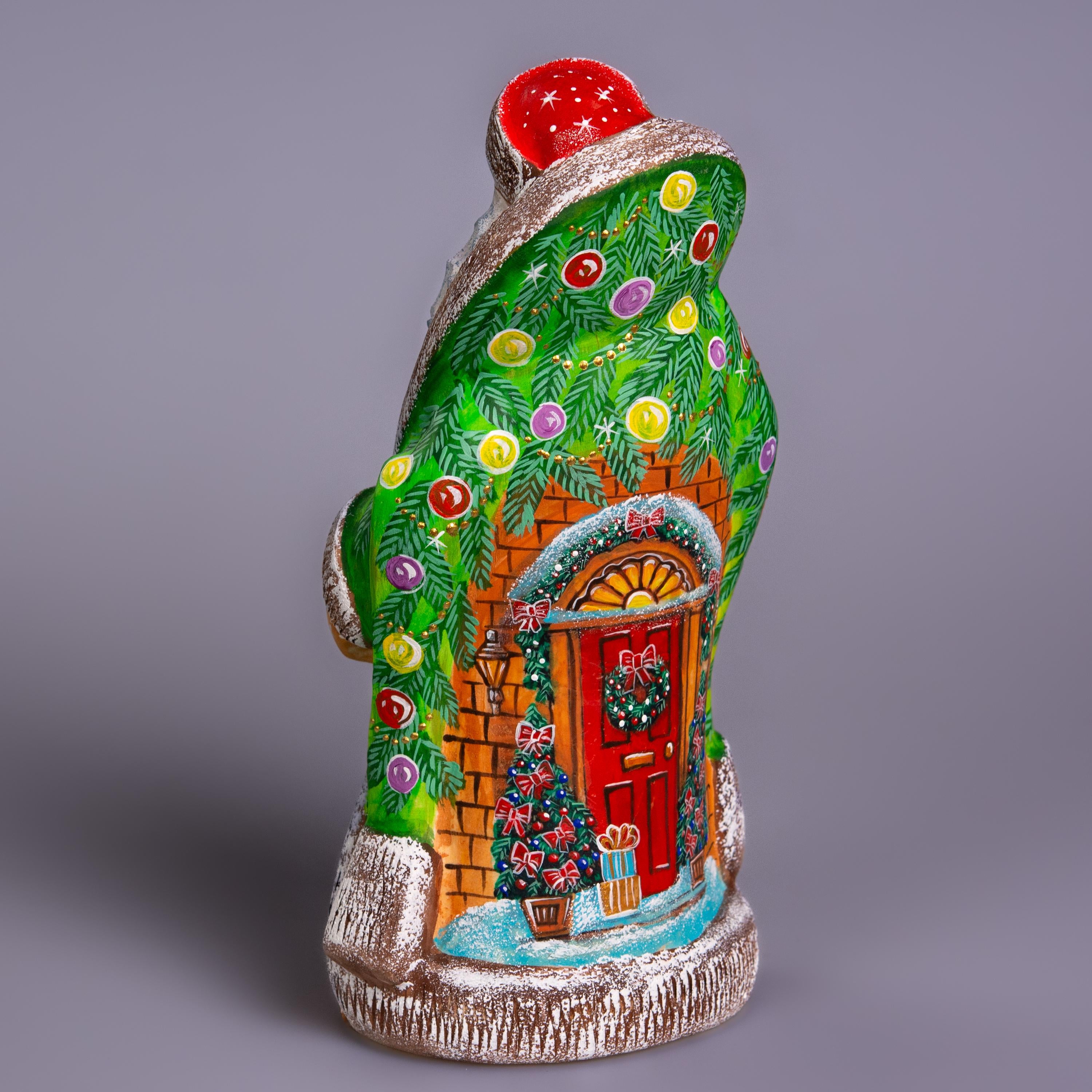 Hand Carved Wooden Santa Figurine: Green Coat, Christmas Holiday Door Scene