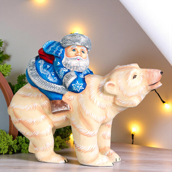 Old World Santa Riding Bear Figurine 9 inch Long, Hand Carved Wood