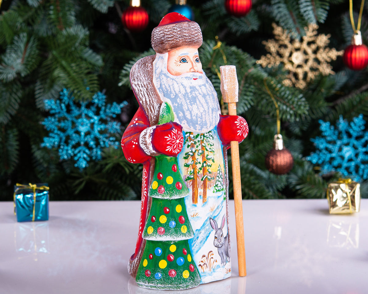 Collectible woodland Santa wood figure 8 inch, bunny by tree, cabin Christmas display