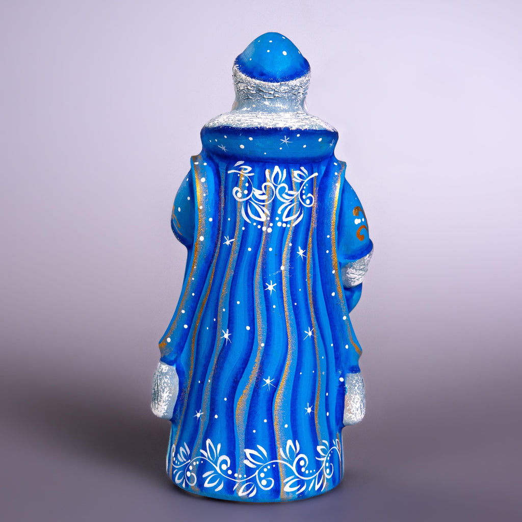 Blue Santa Figurine 7", Hand Painted Wood, Winter Landscape