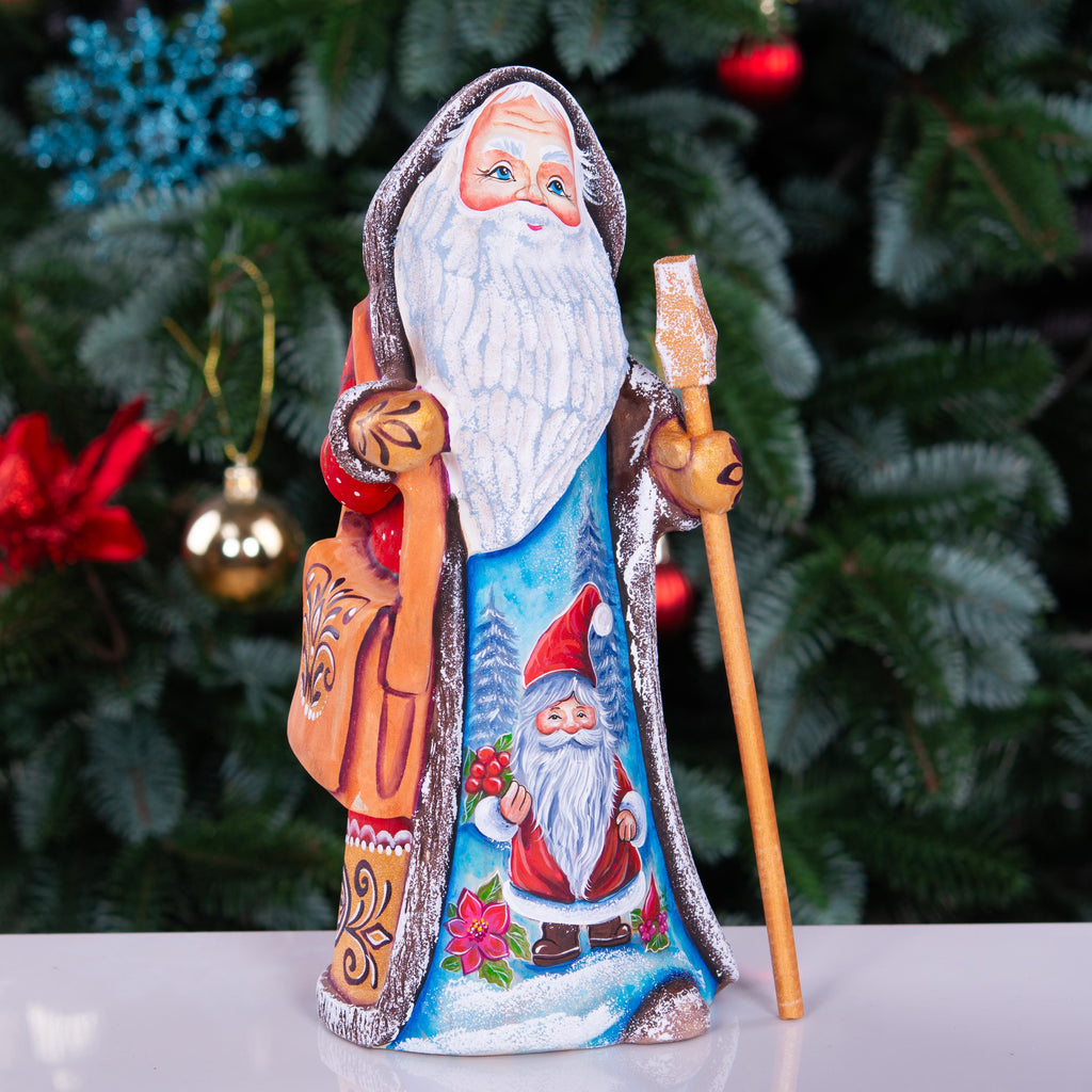Old World Santa wooden figurine 9 inch, staff and satchel