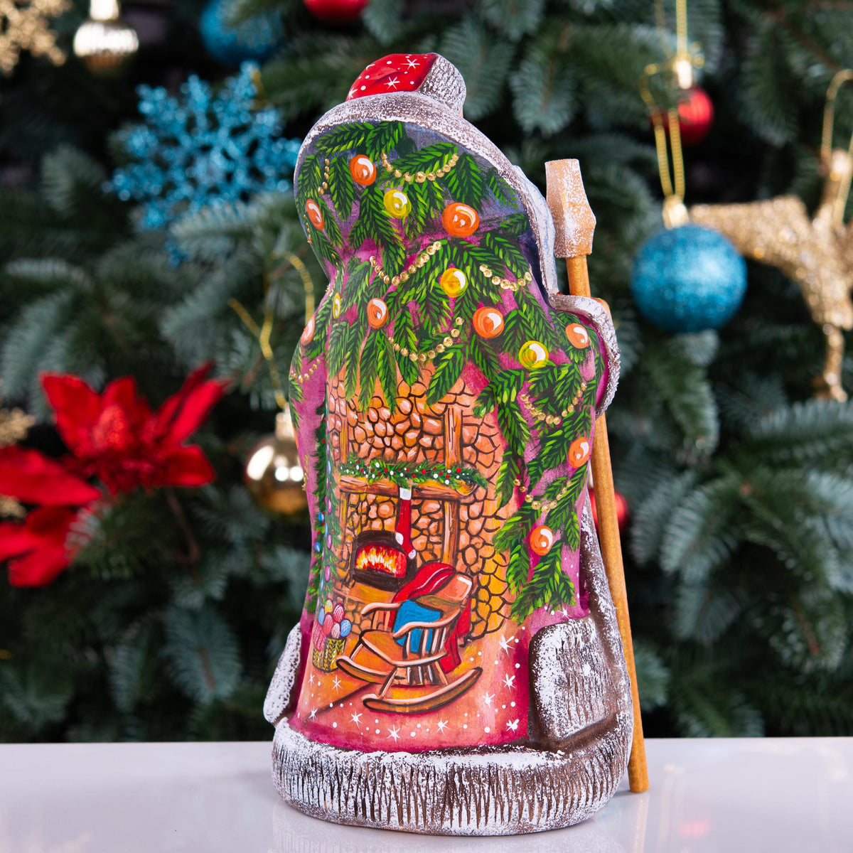 Santa figurine with staff, hand painted girl with lantern, 9.4 inch