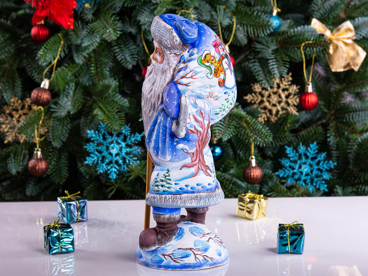 Hand carved Old-World Santa wooden figurine 11 inch, Winnie-the-Pooh scene, mantel decor
