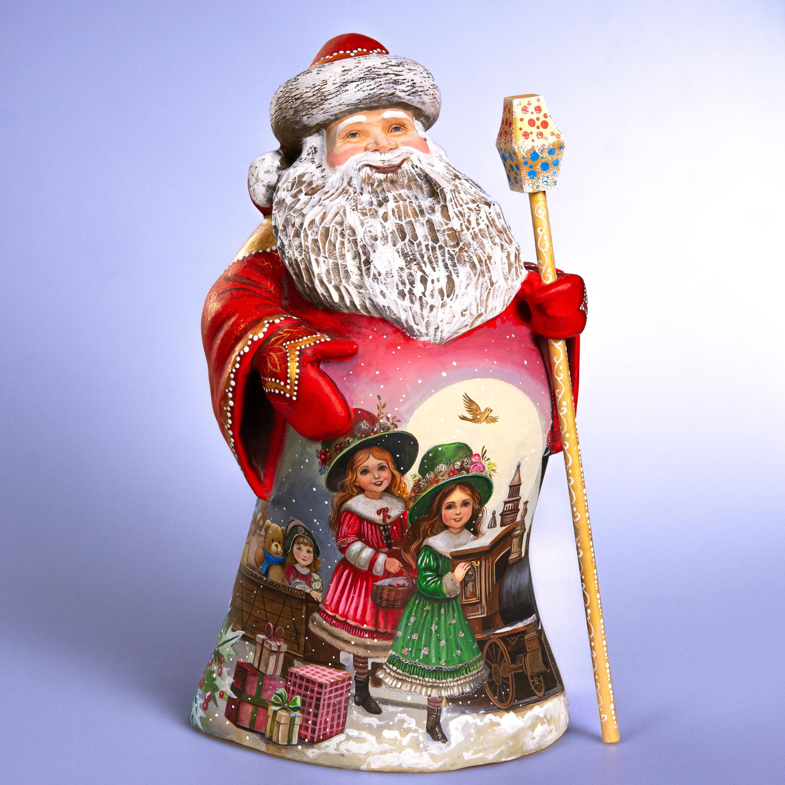 Hand-Carved Wooden Santa 14" with Christmas Train & Winter Village