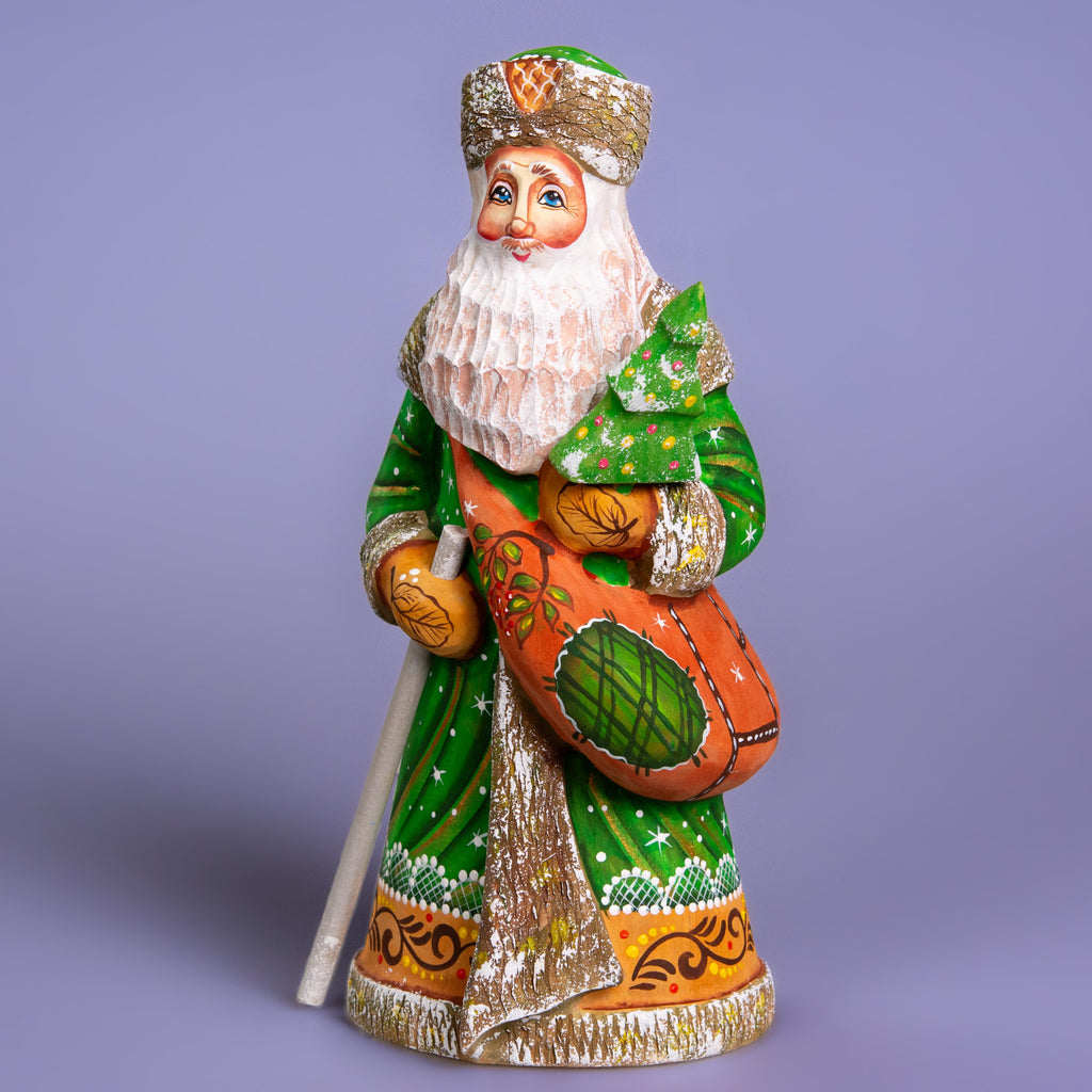 Hand carved wooden Saint Nicholas figurine 9 inch, green coat, holiday shelf decor