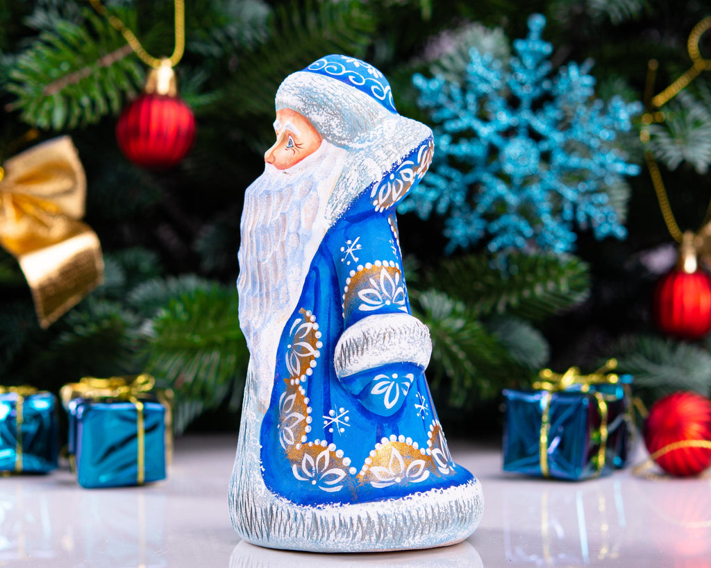 Father Frost Figurine Hand Carved Wood Long Blue Robe 6″