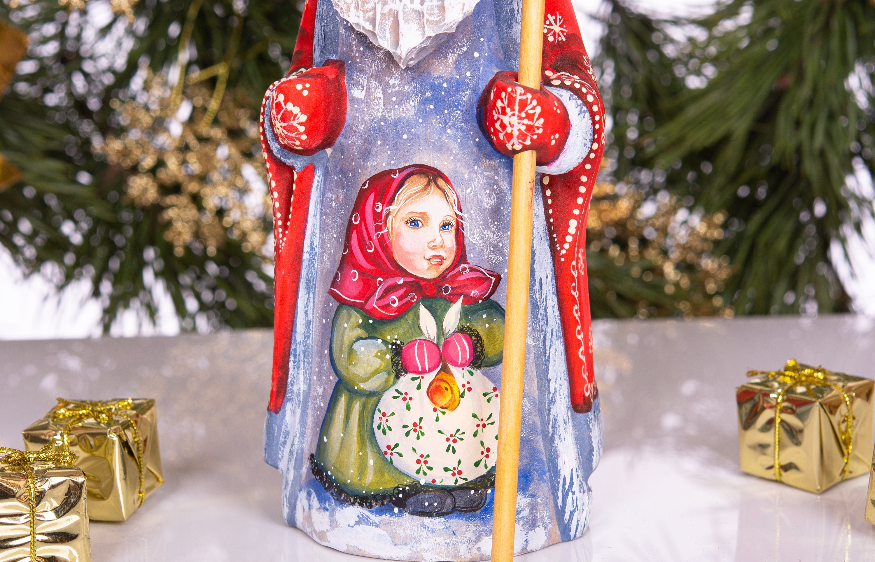 Old-World Santa Claus figurine 9 inch hand carved wood, cozy child artwork, mantel centerpiece