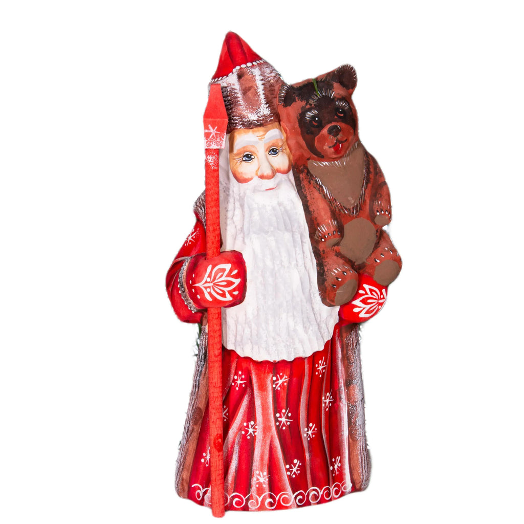 Hand carved wooden Santa figurine 8.5 inch, holding bear, holiday shelf decor