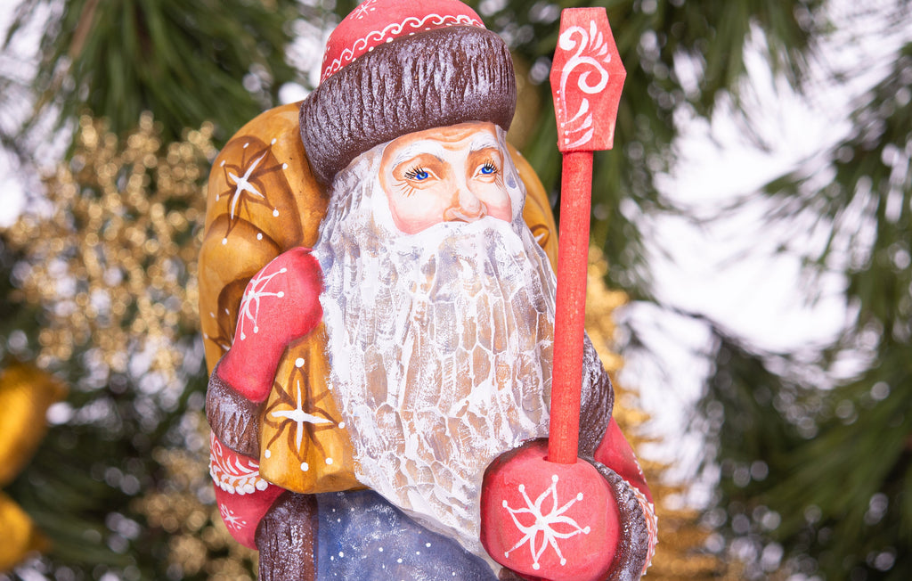 Hand carved Santa Claus wood figure 10 inch, gift sack, rustic holiday shelf display