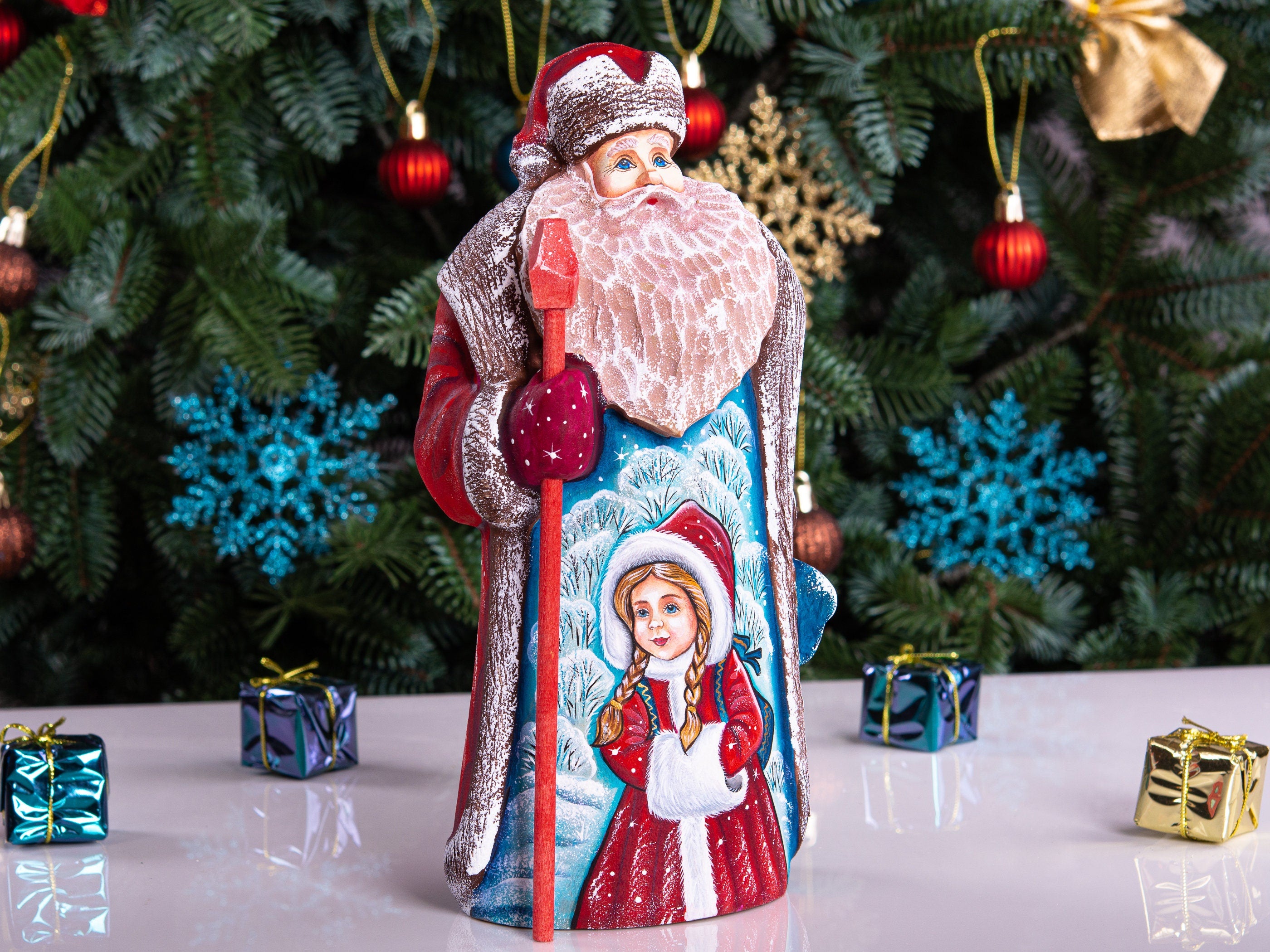 Hand carved Santa wooden figurine 9 inch, Snow Maiden scene, shelf decor