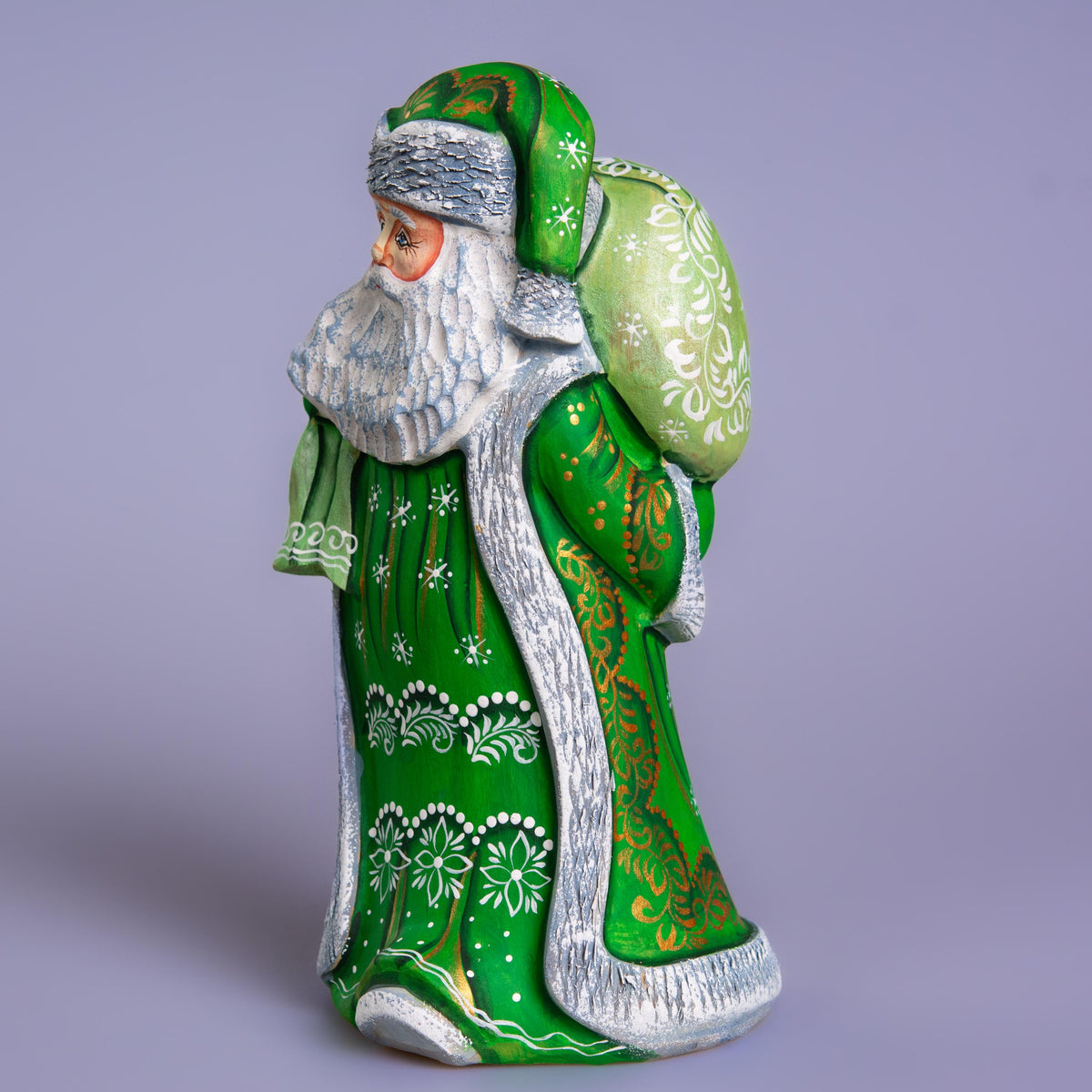 Hand carved wooden Santa figurine 9.1 inch, green coat, gift sack, holiday shelf decor