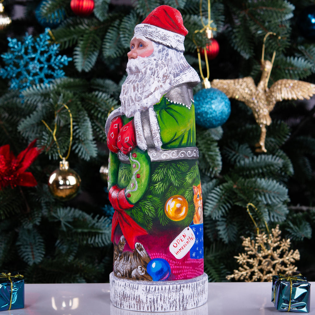 Tall Santa Claus wooden figurine 11 inch, wreath and kittens, pet lover holiday decor