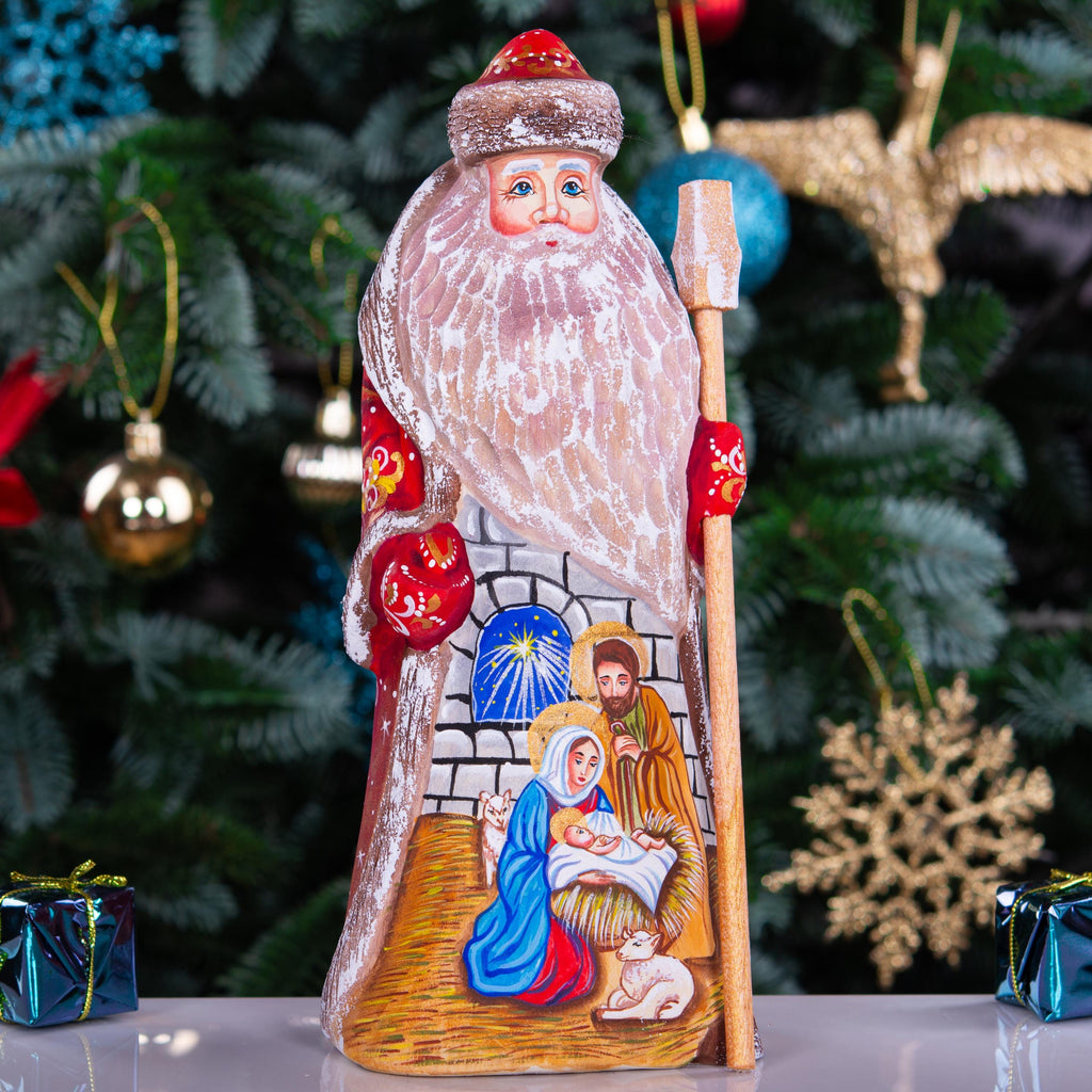 Wooden Santa Figurine 9", Holy Family Creche, Gold Staff