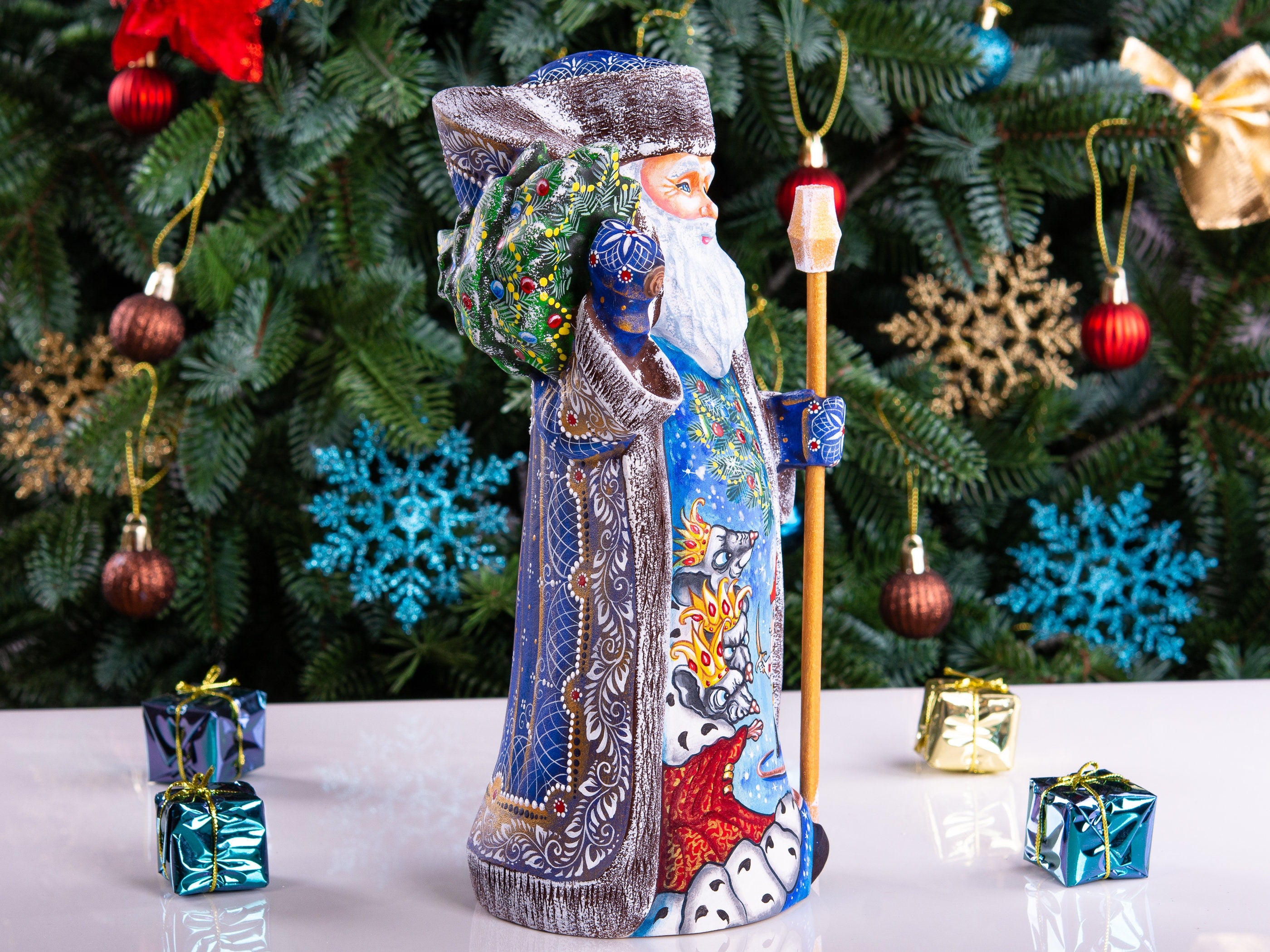 Wooden Hand Carved Santa Claus figurine 11", handmade home Christmas Holiday decor indoor, funny Christmas gift idea made in Ukraine
