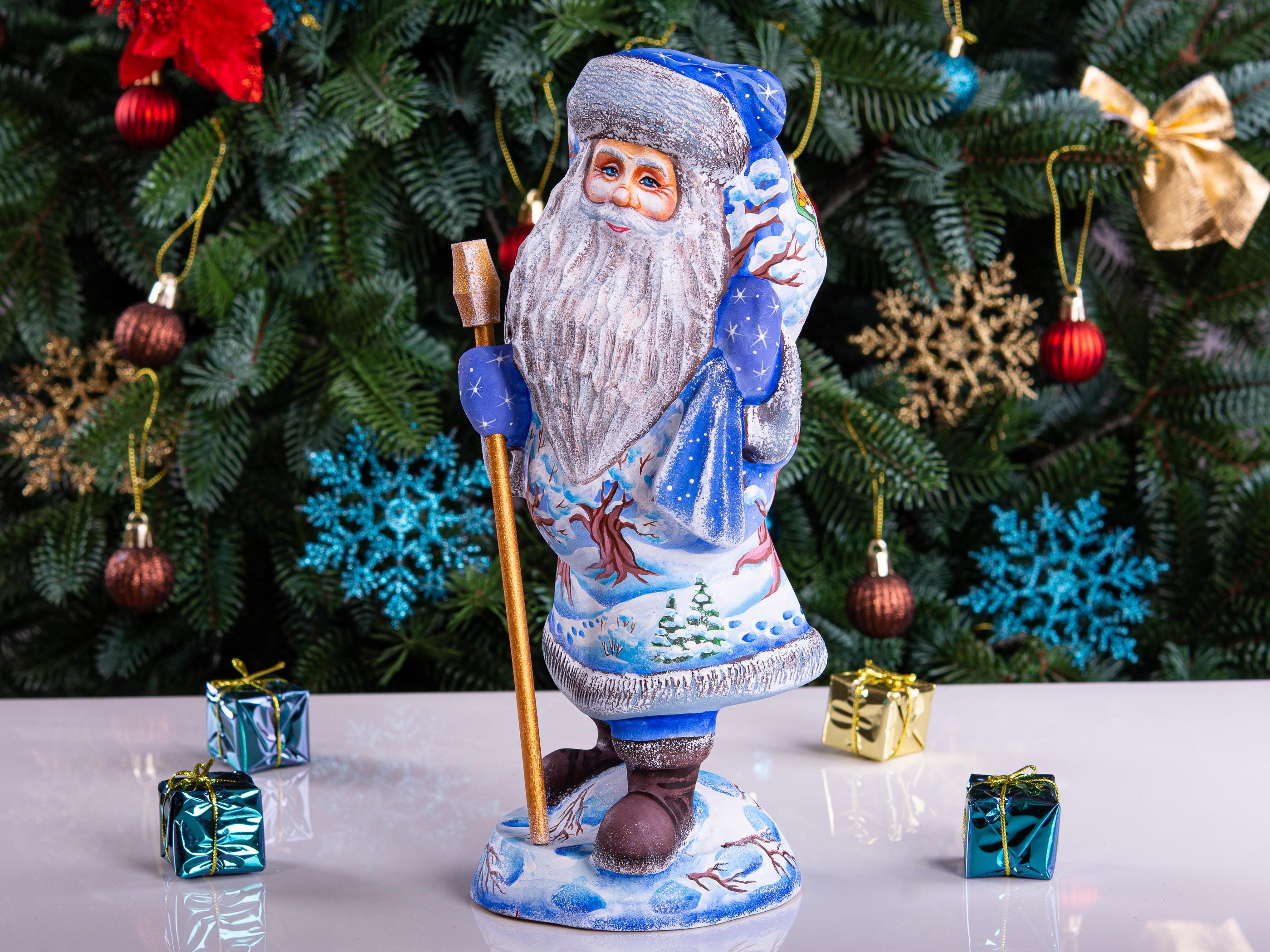 Hand carved Old-World Santa wooden figurine 11 inch, Winnie-the-Pooh scene, mantel decor