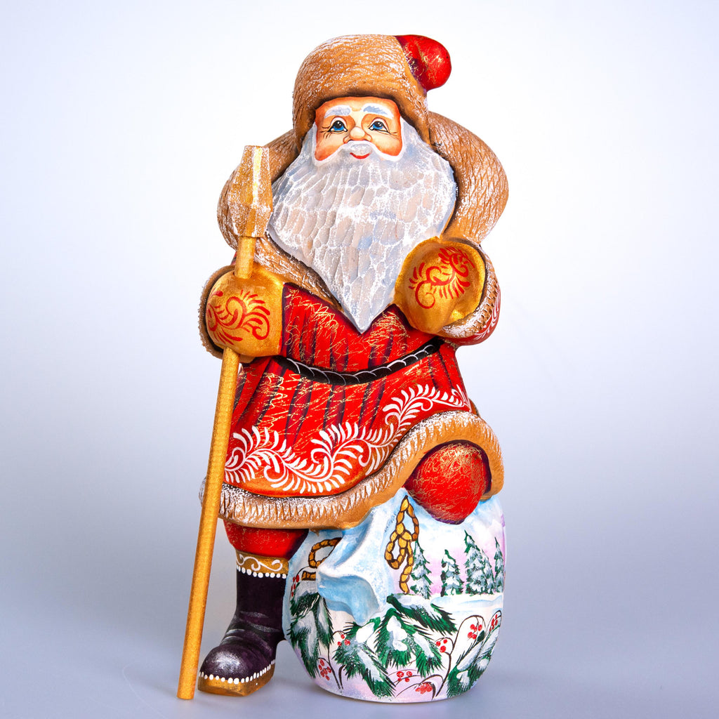 Hand carved Santa wooden figurine 9.7 inch, winter birds village scene