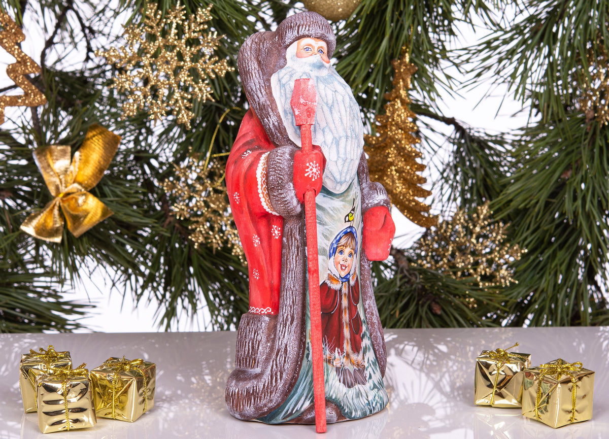Old-World Santa wooden figurine 9.4 inch, winter child scene with bird, mantel display