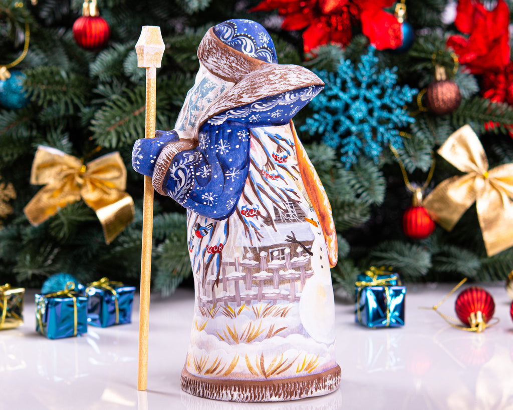 Old-World Santa wood figurine 9 inch, child with winter birds scene, shelf display