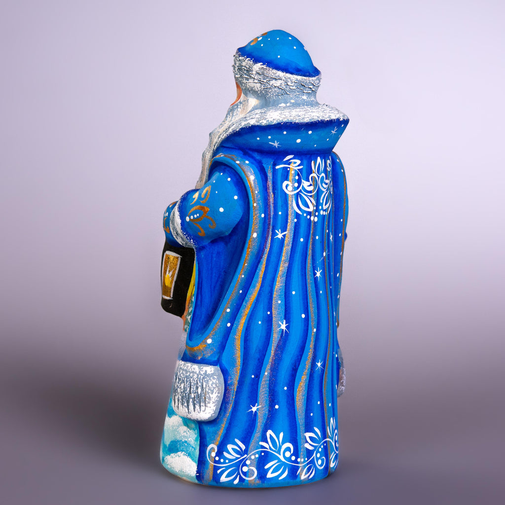 Blue Santa Figurine 7", Hand Painted Wood, Winter Landscape