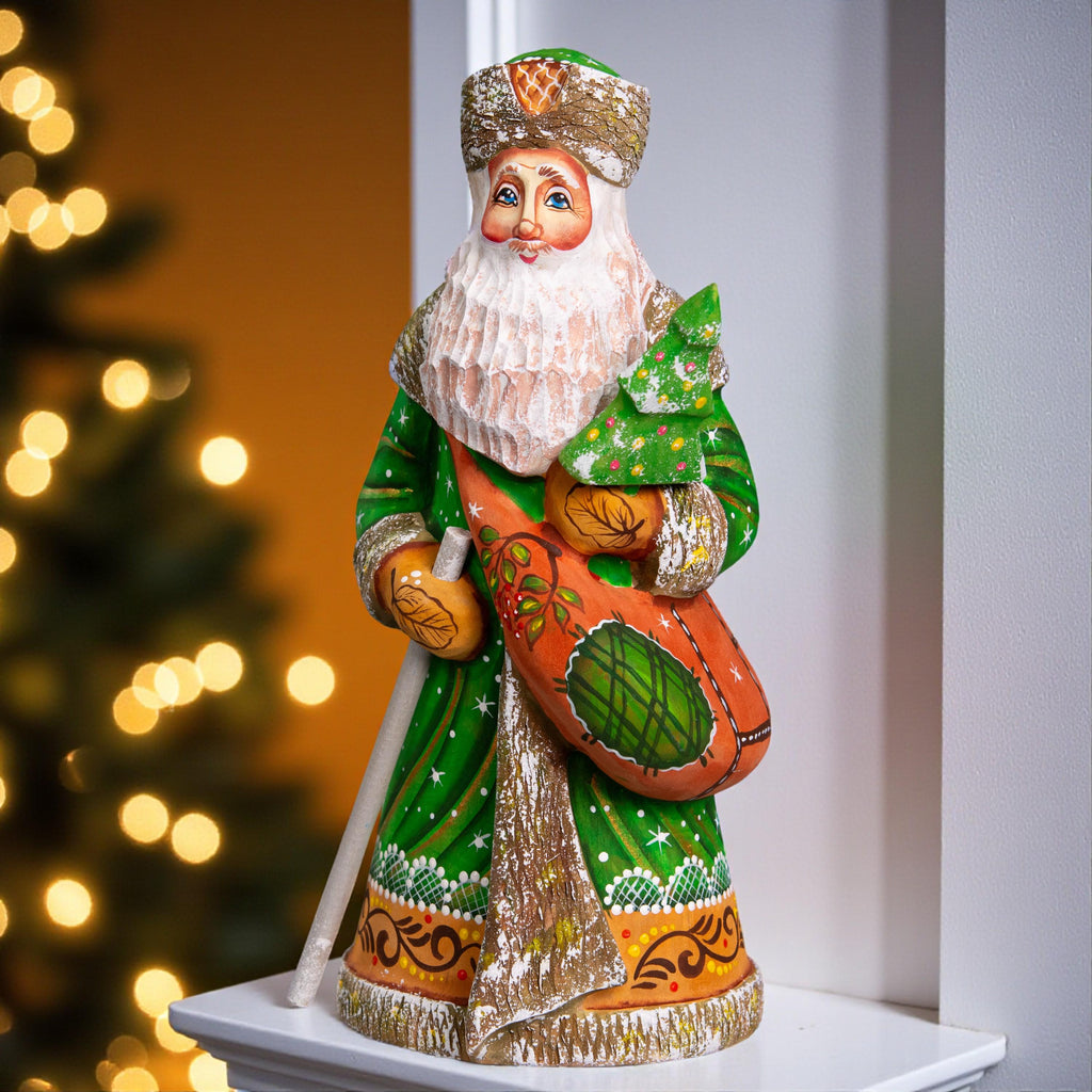 Hand carved wooden Saint Nicholas figurine 9 inch, green coat, holiday shelf decor