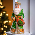 Hand carved wooden Saint Nicholas figurine 9 inch, green coat, holiday shelf decor