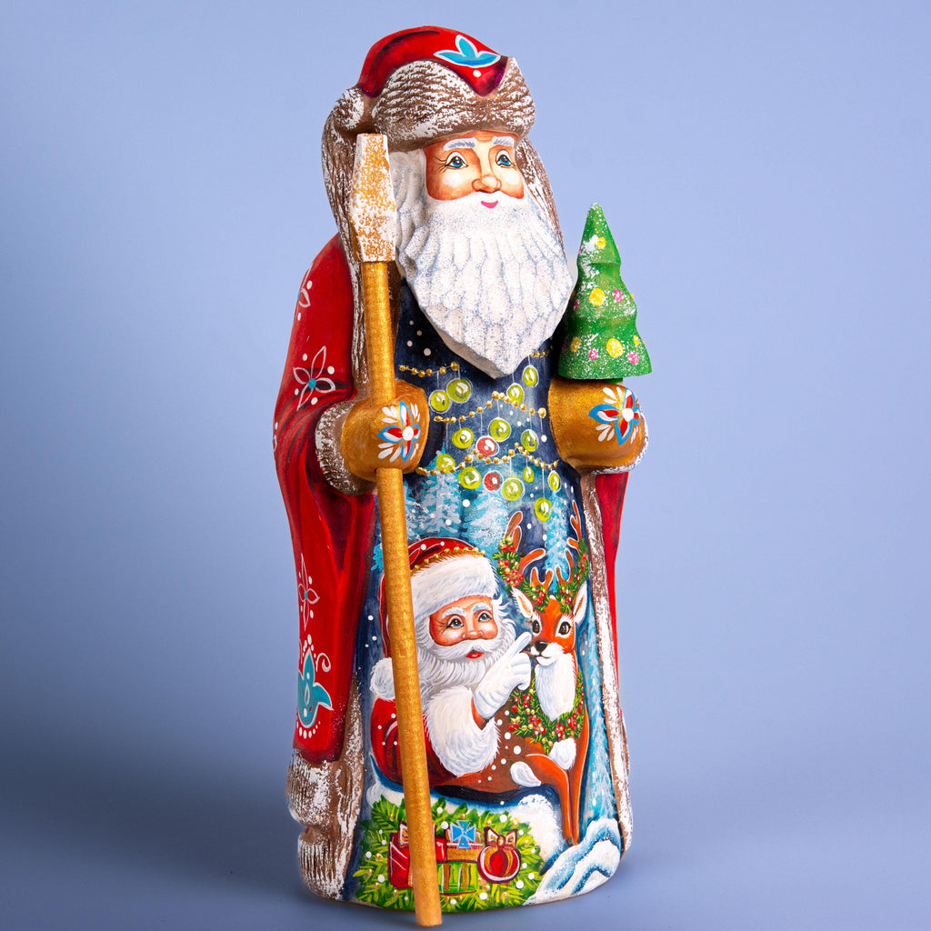 Hand Carved Wooden Santa Figurine 9 inch, Red Coat, Reindeer Scene
