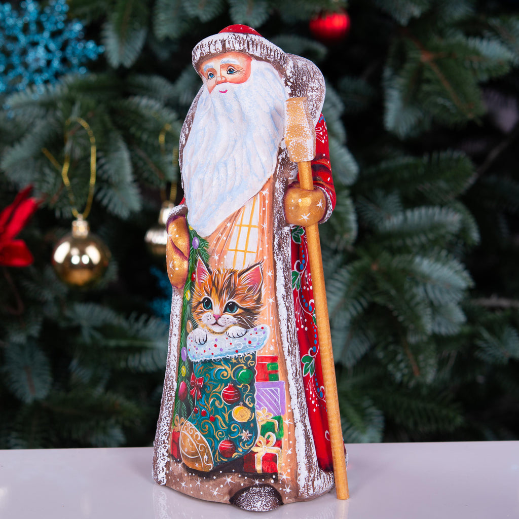 Hand carved Santa wooden figurine 9 inch, kitten in stocking scene