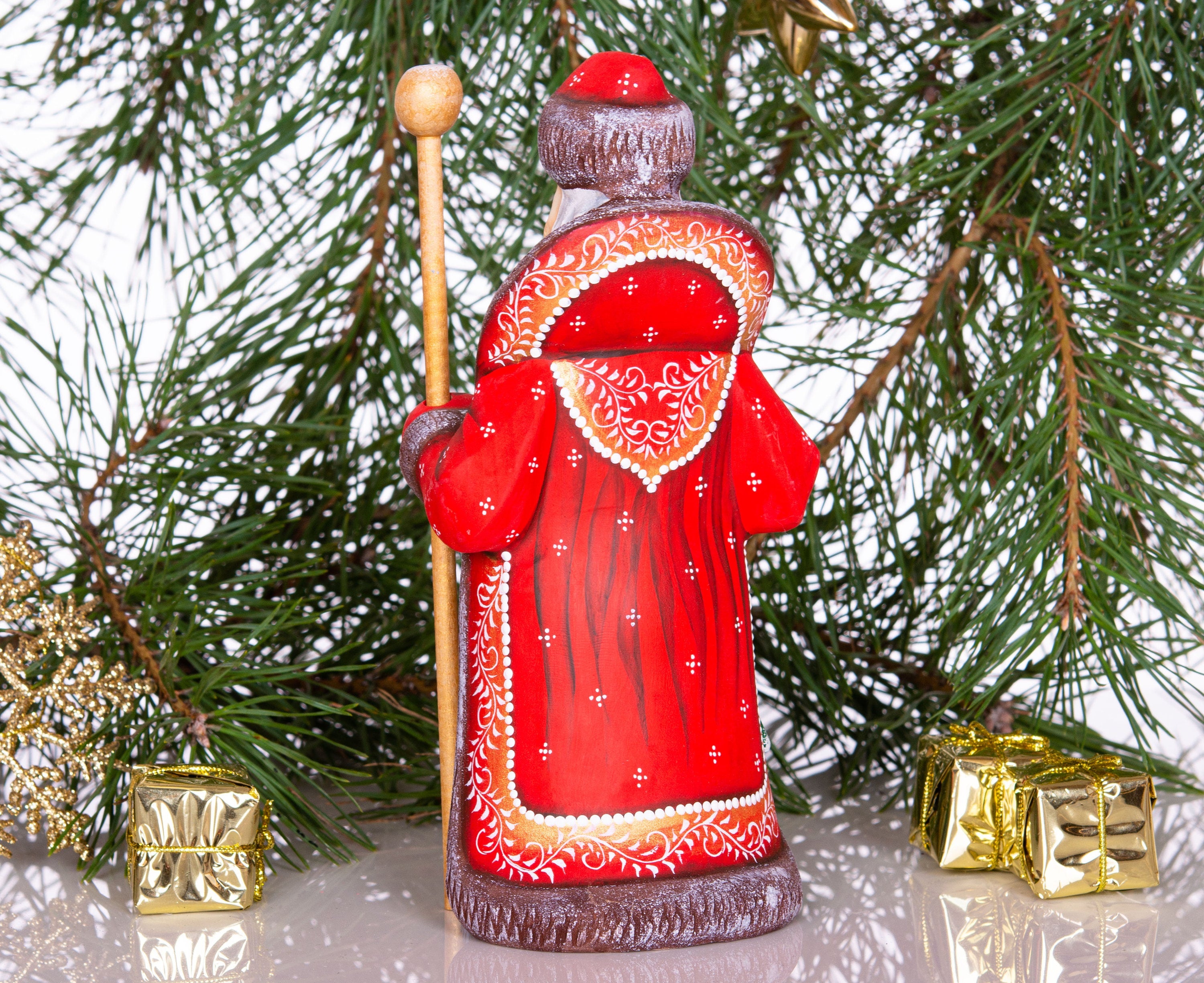 Vintage style Santa wood figurine 7.9 inch, folk art rabbits, holiday mantel & entryway decor