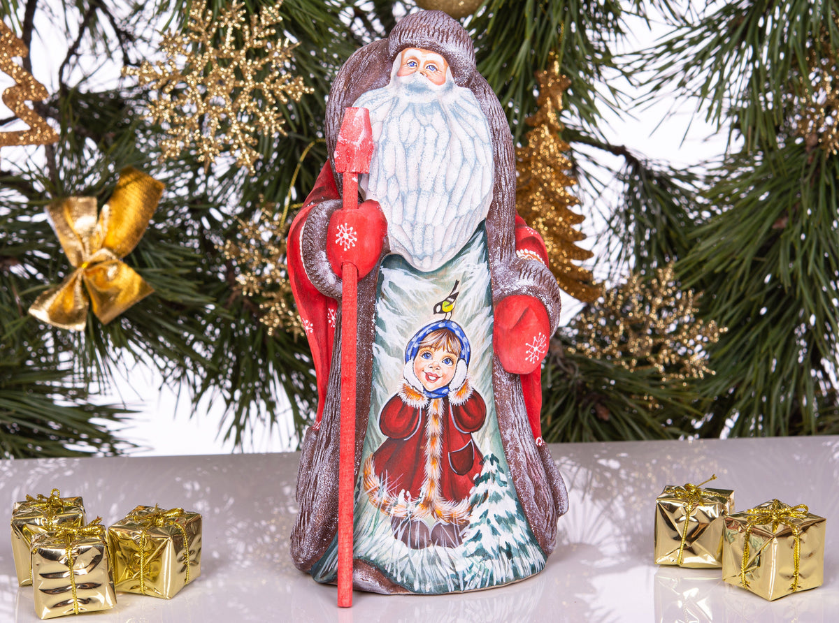 Old-World Santa wooden figurine 9.4 inch, winter child scene with bird, mantel display
