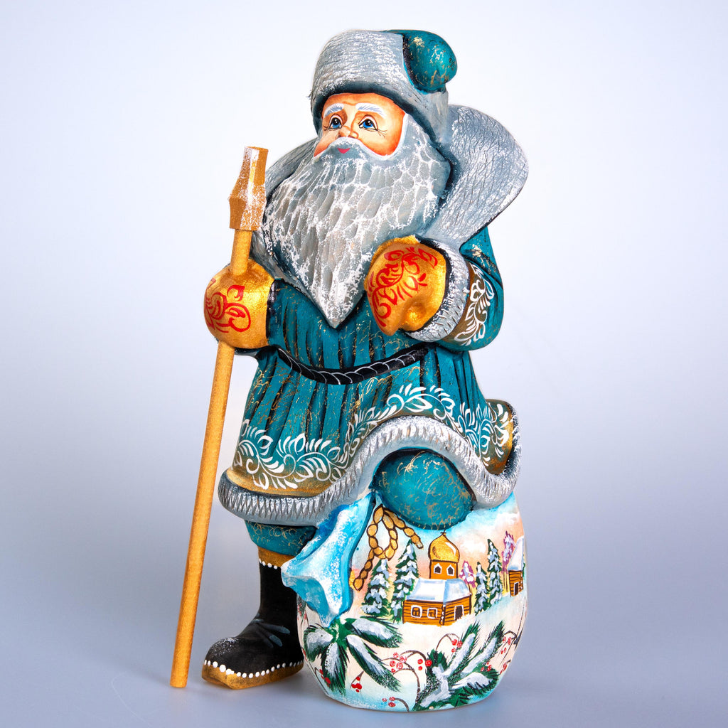 Father Christmas wooden figurine 9.7 inch, winter village scene, bird lovers decor
