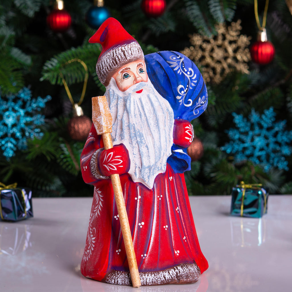Hand carved Santa wooden figurine 8 inch, blue gift sack, shelf decor