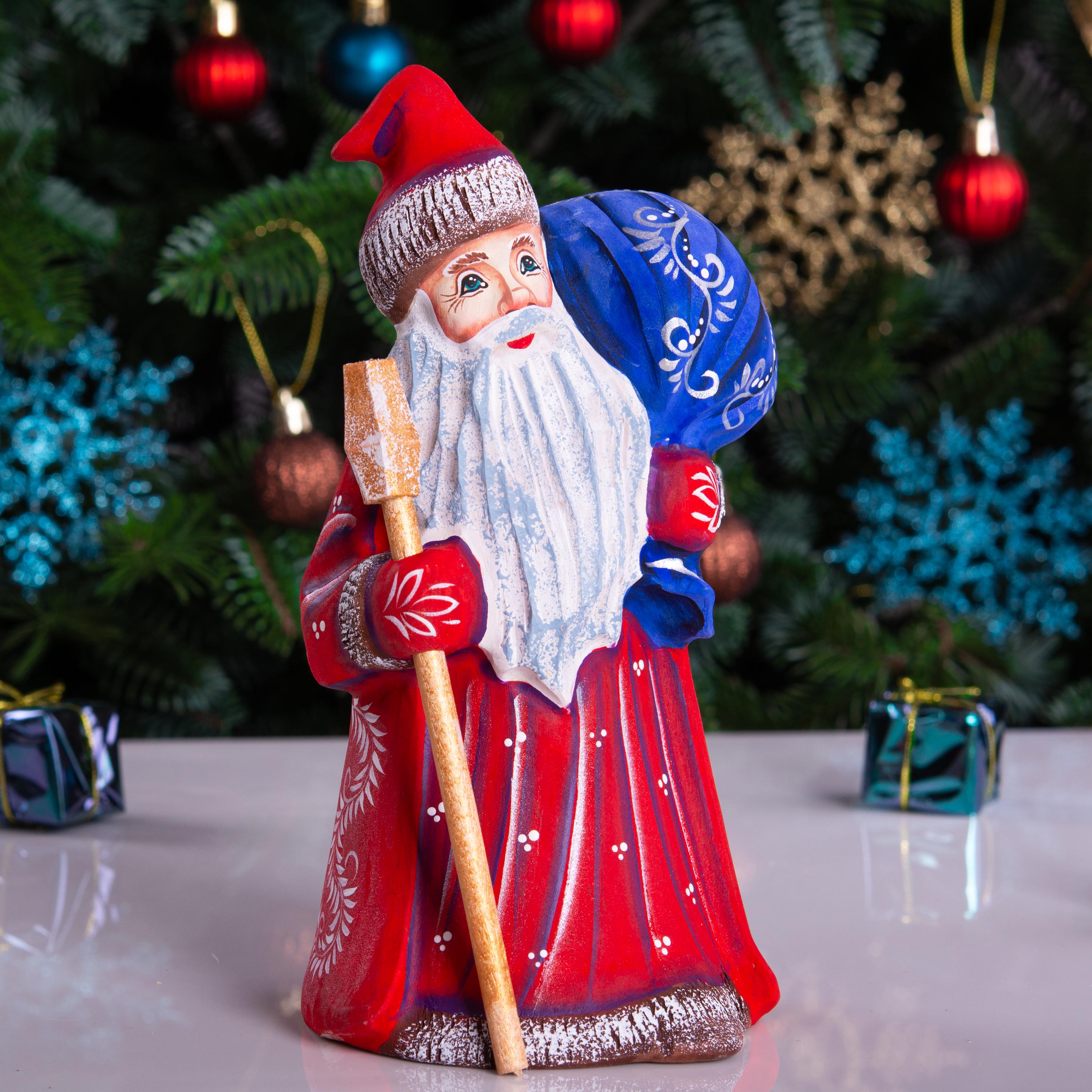 Hand carved Santa wooden figurine 8 inch, blue gift sack, shelf decor