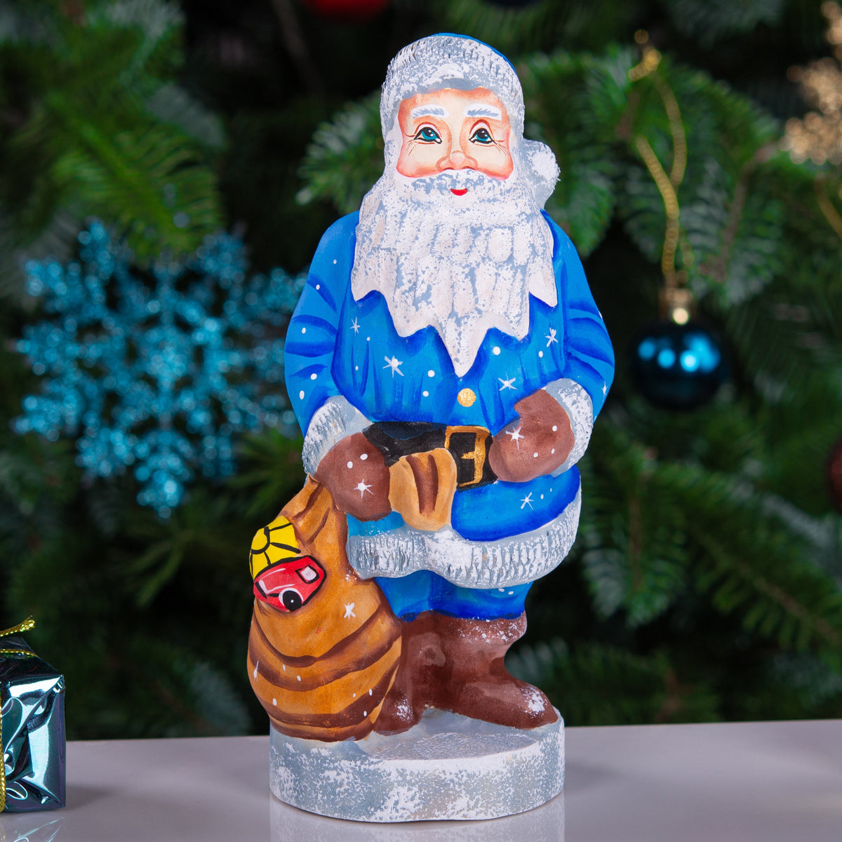 Hand‑carved Father Frost 6.3" — toy sack with car & ball