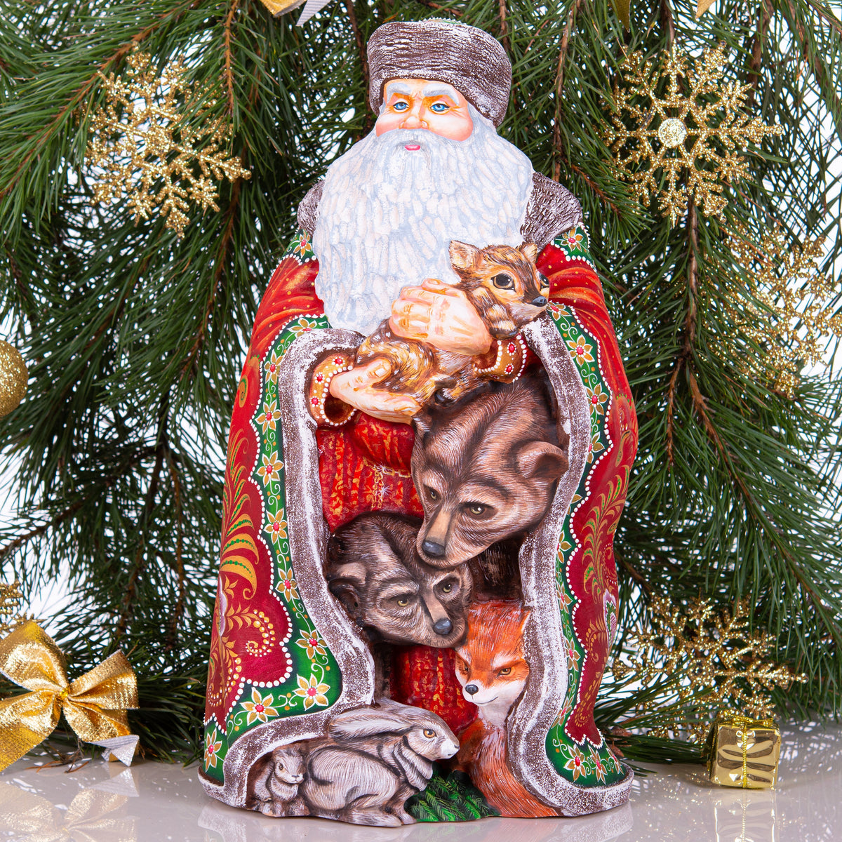 Hand Carved Wooden Santa Claus Figurine with Forest Animals (14")