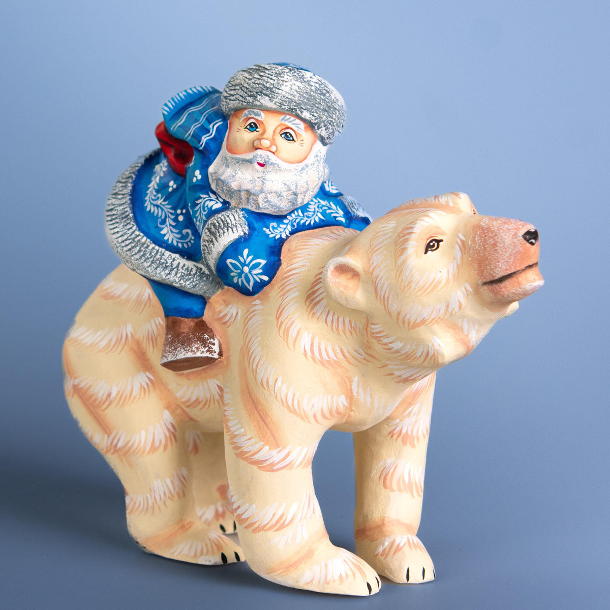 Old World Santa Riding Bear Figurine 9 inch Long, Hand Carved Wood